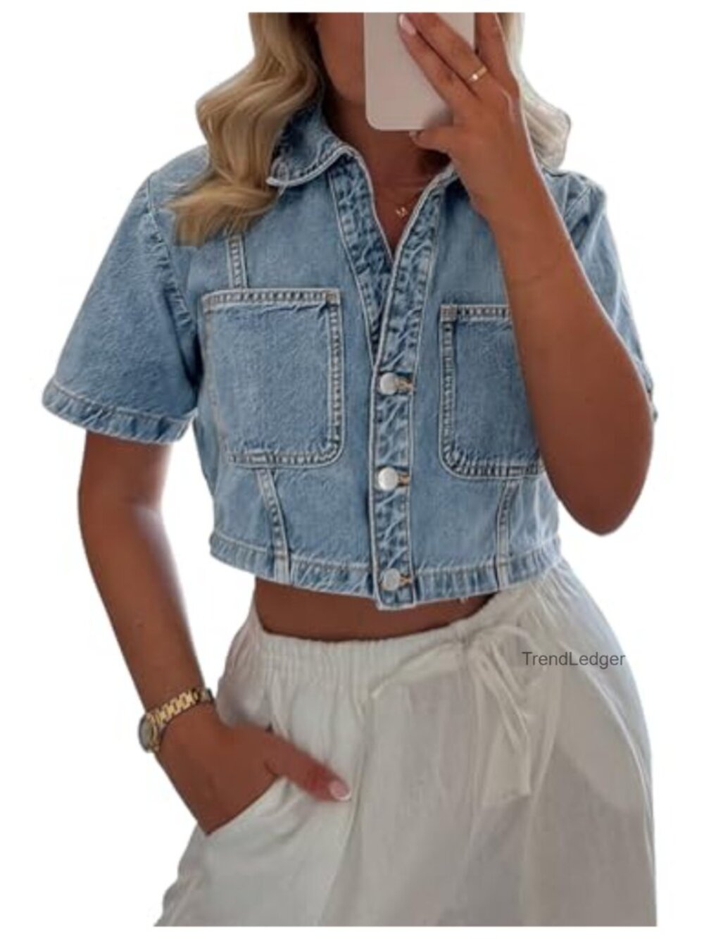 Women's Cropped Denim Jacket Short Sleeve Button Down V-Neck Jean Shirt